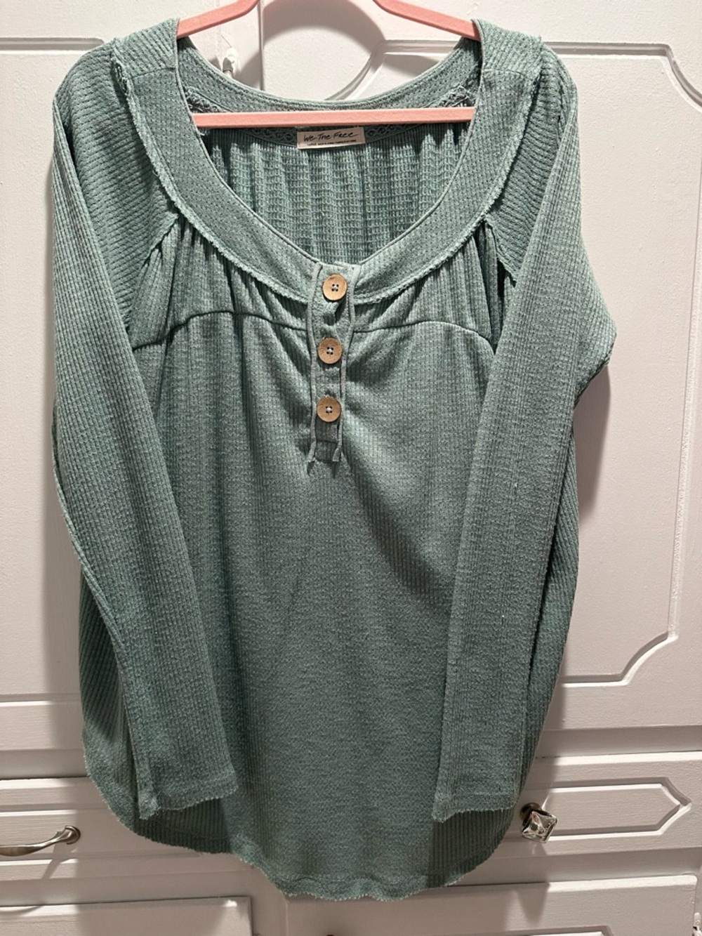NWOT-Free People We The Free Must Have Henley in a green waffle knit